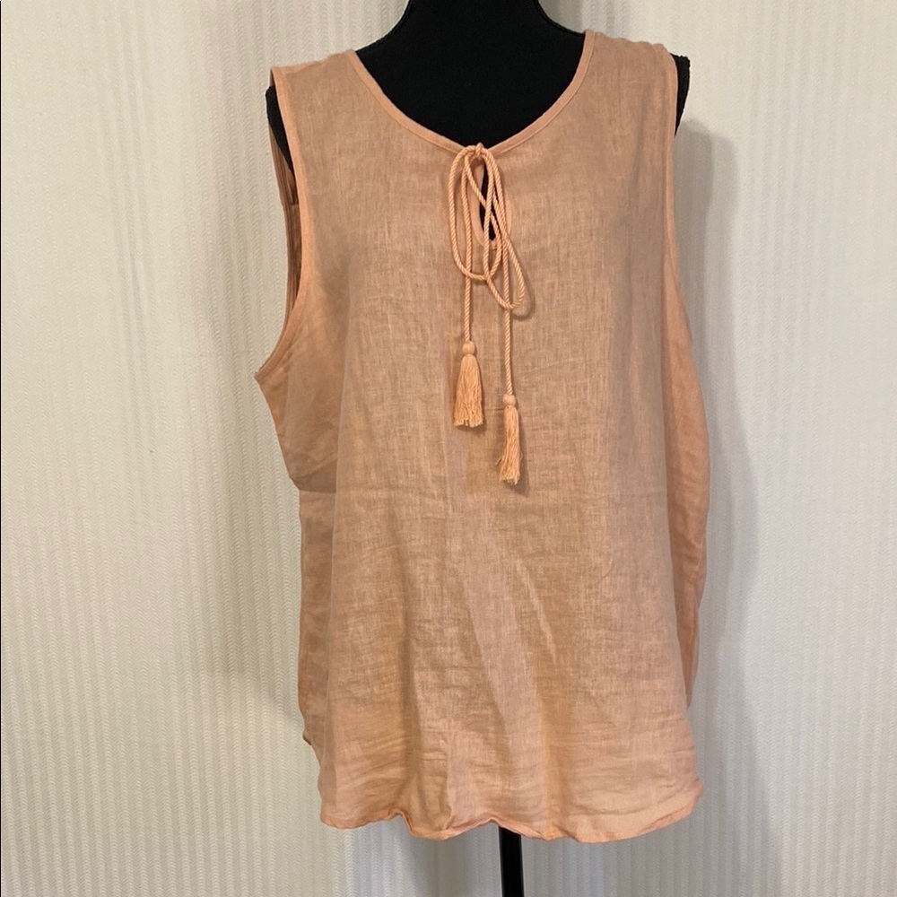 Linen Top Rayon Blouse Sleeveless Peach Pink Front Tie Tassel Coastal Size XL